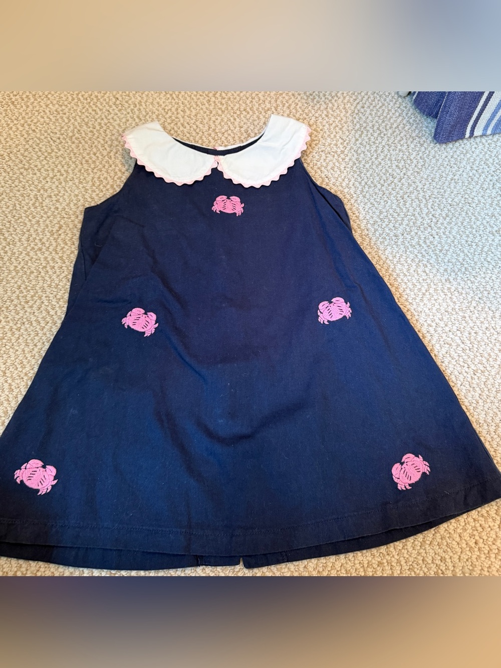 Girls Navy Dress with White Peter Pan Collar and Pink Crab Appliqués
